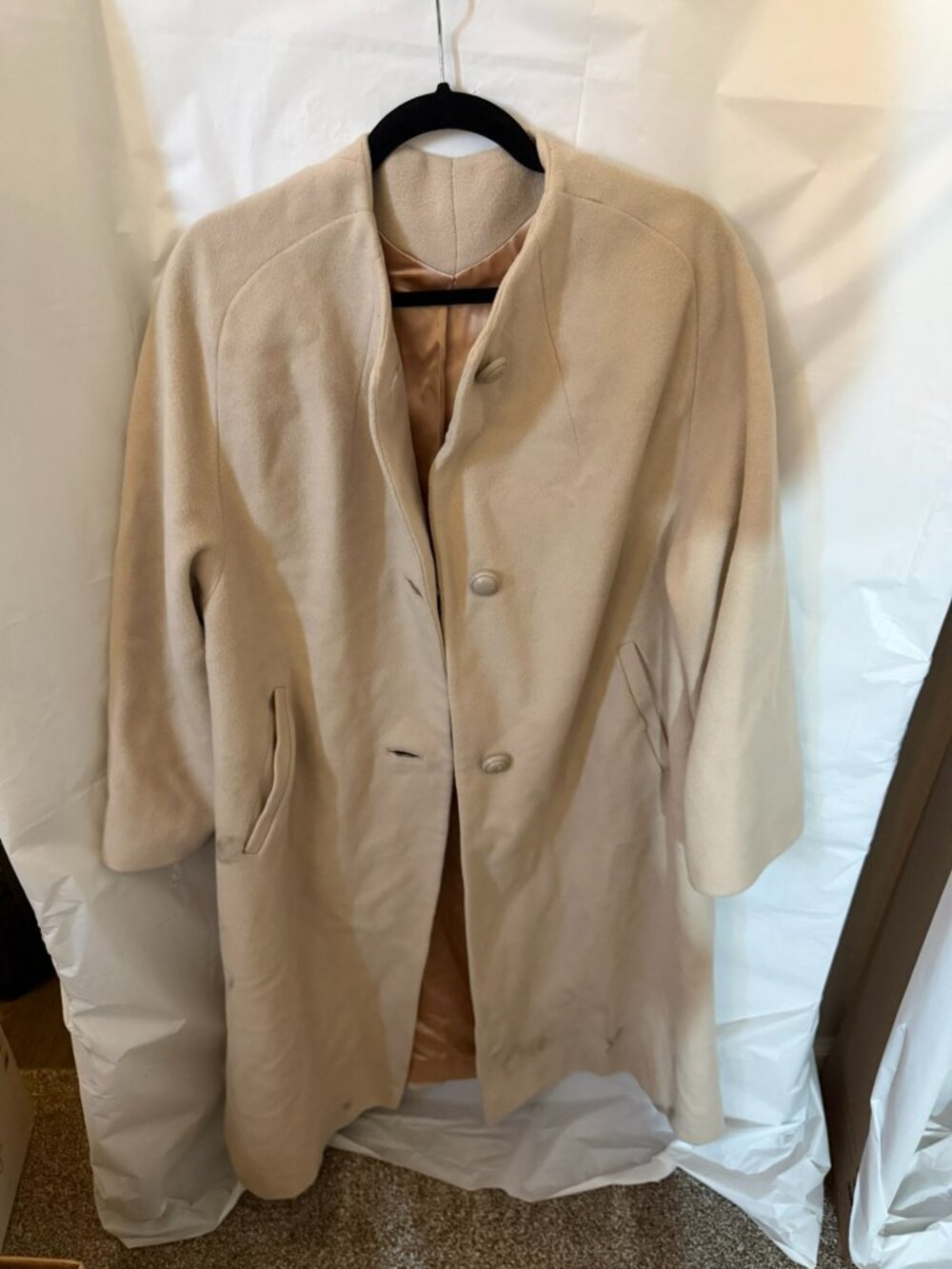 Vintage 100% Cashmere Womens Overcoat Long Trench Coat Beige Cream